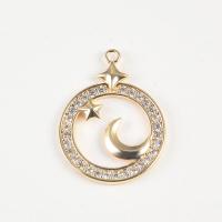 Cubic Zirconia Micro Pave Brass Pendant, Moon and Star, gold color plated, with rhinestone & hollow, 13mm 