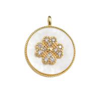 Cubic Zirconia Micro Pave Brass Pendant, with Shell, Flat Round, gold color plated, four leaf clover design & micro pave cubic zirconia, 15mm 