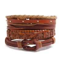 PU Leather Cord Bracelets, Cowhide, with Linen & PU Leather & Wax Cord & Zinc Alloy, 4 pieces & Adjustable & handmade & Unisex, 17-18cm,6cm 