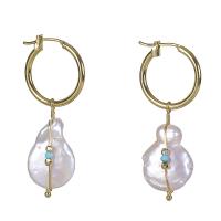 Huggie Hoop Drop Earring, Brass, with Freshwater Pearl, plated, for woman, mixed colors, 41mmuff0c18mmuff0c2mm 