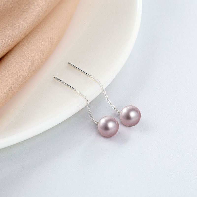 Sterling Silver Thread Through Earrings, 925 Sterling Silver, with Freshwater Pearl, Round, silver color plated, different size for choice & oval chain & for woman, more colors for choice, 40mm, Sold By Pair