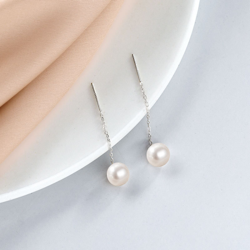 Sterling Silver Thread Through Earrings, 925 Sterling Silver, with Freshwater Pearl, Round, silver color plated, different size for choice & oval chain & for woman, more colors for choice, 40mm, Sold By Pair