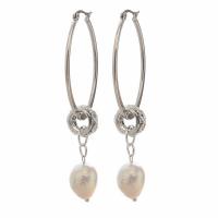 Huggie Hoop Drop Earring, Stainless Steel, with pearl & Brass, plated, Natural & fashion jewelry & for woman 