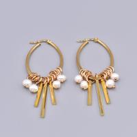 Huggie Hoop Drop Earring, Stainless Steel, with pearl & Brass, plated, Natural & fashion jewelry & for woman, golden 