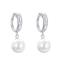 Huggie Hoop Drop Earring, Brass, with Plastic Pearl, Round, plated, Korean style & micro pave cubic zirconia & for woman 