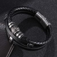 PU Leather Cord Bracelets, with Stainless Steel, fashion jewelry & multilayer & woven pattern, black 