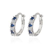 Brass Huggie Hoop Earring, with Aquamarine, platinum color plated, for woman, blue 