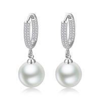 Huggie Hoop Drop Earring, 925 Sterling Silver, with Shell Pearl, Round, plated, micro pave cubic zirconia & for woman 