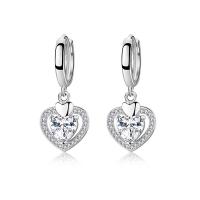 Huggie Hoop Drop Earring, 925 Sterling Silver, Heart, platinum plated, micro pave cubic zirconia & for woman & with rhinestone & hollow 