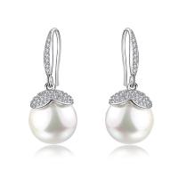 Pendiente de gota de perlas de plata esterlina, Plata de ley 925, con Shell Pearl, Esférico, micro arcilla de zirconia cúbica & para mujer, 12x32mm, Vendido por Par