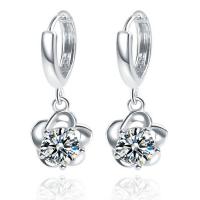 Huggie Hoop Drop Earring, 925 Sterling Silver, Flower, platinum plated, for woman & with cubic zirconia 