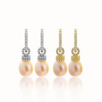 Huggie Hoop Drop Earring, 925 Sterling Silver, with Freshwater Pearl, plated, micro pave cubic zirconia & for woman 8mm 