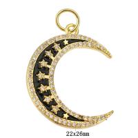 Cubic Zirconia Micro Pave Brass Pendant, Moon, gold color plated, micro pave cubic zirconia & enamel, black Approx 4mm 