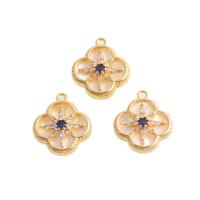 Cubic Zirconia Micro Pave Brass Pendant, with Shell, Four Leaf Clover, real gold plated, micro pave cubic zirconia, golden 