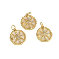 Cubic Zirconia Micro Pave Brass Pendant, with Shell, Round, real gold plated, micro pave cubic zirconia, golden 