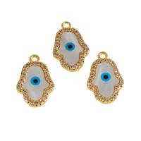 Cubic Zirconia Micro Pave Brass Pendant, with Shell, Hand, real gold plated, evil eye pattern & micro pave cubic zirconia & enamel, golden 