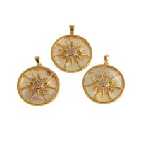 Cubic Zirconia Micro Pave Brass Pendant, with Shell, Round, real gold plated, sun design & micro pave cubic zirconia, golden 