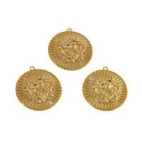 Cubic Zirconia Micro Pave Brass Pendant, Round, real gold plated, with flower pattern & micro pave cubic zirconia, golden 