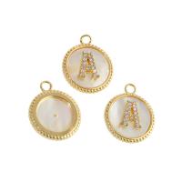 Cubic Zirconia Micro Pave Brass Pendant, with Shell, Round, real gold plated, with letter pattern & micro pave cubic zirconia, golden 