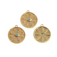 Cubic Zirconia Micro Pave Brass Pendant, Round, real gold plated, with eye pattern & micro pave cubic zirconia, golden 