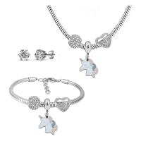 Rhinestone stainless steel Jewelry Set, 316 Stainless Steel, Stud Earring & bracelet & necklace, With Pendant & for woman & with rhinestone, silver color, 21cmuff0c49cm 