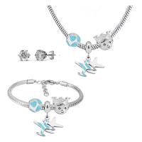 Rhinestone stainless steel Jewelry Set, 316 Stainless Steel, Stud Earring & bracelet & necklace, With Pendant & for woman & with rhinestone, silver color, 21cmuff0c49cm 