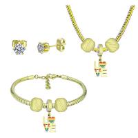 Rhinestone stainless steel Jewelry Set, 316 Stainless Steel, Stud Earring & bracelet & necklace, With Pendant & for woman & with rhinestone, golden, 21cmuff0c49cm 