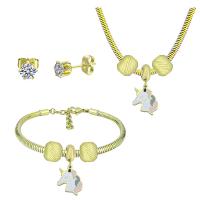 Rhinestone stainless steel Jewelry Set, 316 Stainless Steel, Stud Earring & bracelet & necklace, With Pendant & for woman & with rhinestone, golden, 21cmuff0c49cm 