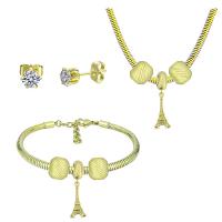 Rhinestone stainless steel Jewelry Set, 316 Stainless Steel, Stud Earring & bracelet & necklace, With Pendant & for woman & with rhinestone, golden, 21cmuff0c49cm 