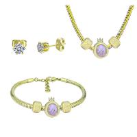 Rhinestone stainless steel Jewelry Set, 316 Stainless Steel, Stud Earring & bracelet & necklace, With Pendant & for woman & with rhinestone, golden, 21cmuff0c49cm 