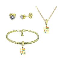 Rhinestone stainless steel Jewelry Set, 316 Stainless Steel, Stud Earring & bracelet & necklace, With Pendant & for woman & with rhinestone, golden, 21cmuff0c49cm 