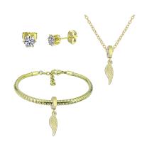 Rhinestone stainless steel Jewelry Set, 316 Stainless Steel, Stud Earring & bracelet & necklace, With Pendant & for woman & with rhinestone, golden, 21cmuff0c49cm 