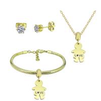 Rhinestone stainless steel Jewelry Set, 316 Stainless Steel, Stud Earring & bracelet & necklace, With Pendant & for woman & with rhinestone, golden, 21cmuff0c49cm 