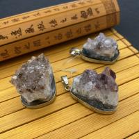 Ice Quartz Agate Pendants, Amethyst, with Brass, irregular, platinum color plated, purple, 28x41- 