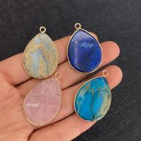 Impression Jasper Pendants, with Brass, Teardrop, gold color plated 