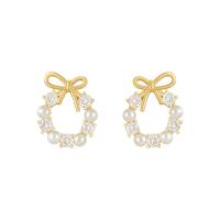 Zinc alliage strass Stud Earring, alliage de zinc, avec perle de plastique, Noeud papillon, Placage de couleur d'or, pour femme & avec strass & creux, 15mm, Vendu par paire