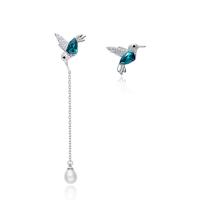 Boucles d'oreilles asymétriques, Argent sterling 925, avec Shell Pearl & CRYSTALLIZED™, argent pur puce boucle d'oreille, oiseau, Plaqué de platine, facettes, bleu, 62mmx19mm,18mmx19mm, Vendu par paire