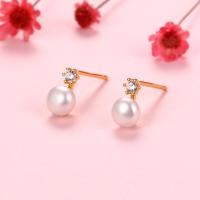 Sterling Silver Natural Pearl Stud Earring, 925 Sterling Silver, with Freshwater Pearl, plated, for woman & with rhinestone 