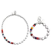 Titan-Stahl Schmuck-Set, Titanstahl, mit ABS-Kunststoff-Perlen & Glas-Rocailles, poliert, für Frau, farbenfroh, verkauft von PC