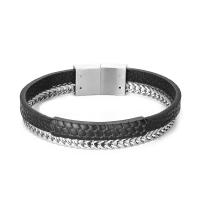 acier inoxydable bracelet, avec cuir PU, Placage, Double couche & teints & pour homme, plus de couleurs à choisir, 215mm, Vendu par PC