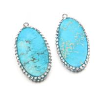 Impression Jasper Pendants, with Zinc Alloy, Oval, with rhinestone, blue 