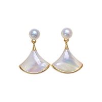 Pendiente de gota de perlas de plata esterlina, Perlas cultivadas de agua dulce, con Plata de ley 925, plata esterlina aguja de pendiente, Abanico, chapado en color dorado, para mujer, Blanco, 5-6mm, Vendido por Par