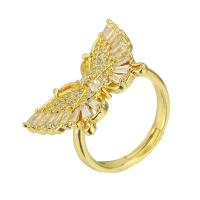 Brass Open Finger Ring, Butterfly, gold color plated, Adjustable & micro pave cubic zirconia, US Ring 