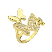 Brass Cuff Finger Ring, Butterfly, gold color plated, Adjustable & micro pave cubic zirconia, US Ring 