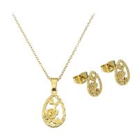 Fashion Stainless Steel Jewelry Sets, Stud Earring & necklace, Teardrop, gold color plated, with flower pattern & for woman Approx 17.5 Inch 