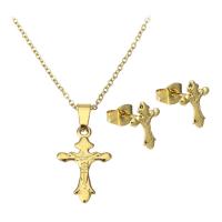 Fashion Stainless Steel Jewelry Sets, Stud Earring & necklace, Cross, gold color plated, for woman Approx 17.5 Inch 