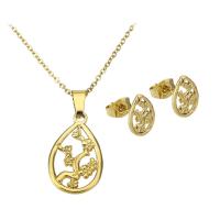 Fashion Stainless Steel Jewelry Sets, Stud Earring & necklace, Teardrop, gold color plated, for woman & hollow Approx 17.5 Inch 