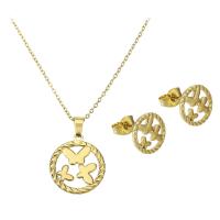 Fashion Stainless Steel Jewelry Sets, Stud Earring & necklace, Flat Round, gold color plated, butterfly design & for woman & hollow Approx 17.5 Inch 