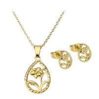 Fashion Stainless Steel Jewelry Sets, Stud Earring & necklace, Teardrop, gold color plated, with flower pattern & for woman & hollow Approx 17.5 Inch 