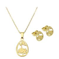 Fashion Stainless Steel Jewelry Sets, Stud Earring & necklace, Teardrop, gold color plated, with flower pattern & for woman & hollow Approx 17.5 Inch 